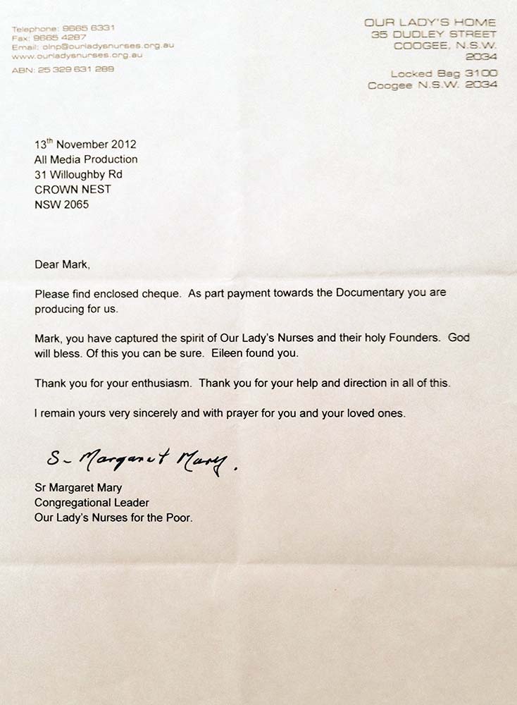 Our Lady's Nurses for the Poor - Thank-you Letter